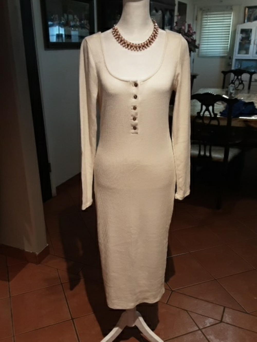 Fashion Nova Cream Ribbed Long-Sleeve Button Midi Dress